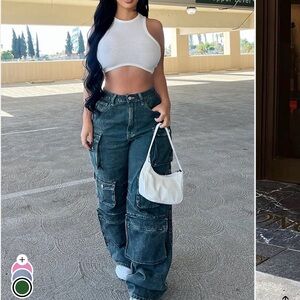 NWT Fashion Nova Dark Green Wide Leg Cargo Jeans